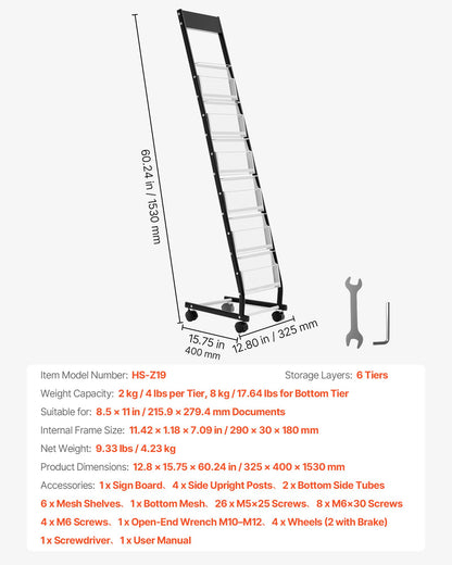 Prospektständer, schmaler 6-stufiger Zeitschriften- und Prospektständer mit Rollen, freistehender Zeitschriftenständer aus Metall, bewegliche Zeitungs- und Kataloghalter für Ladenausstellungen und Büros (6 Fächer)