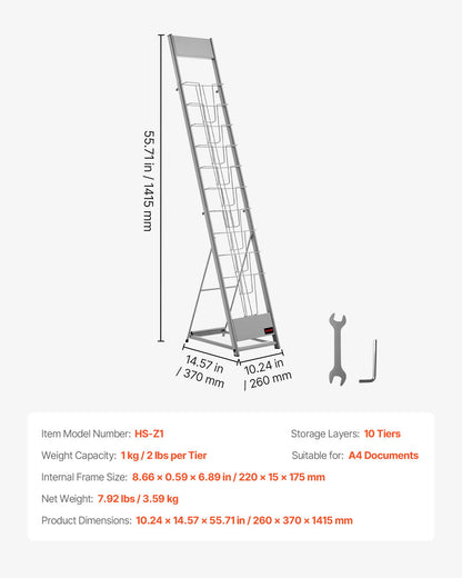 Prospektständer, Zeitschriftenständer mit 10 Fächern, tragbarer, freistehender Zeitschriftenständer, Zeitungs- und Kataloghalter aus Metall für Geschäfte, Ausstellungen, Büros und Messen, Silber