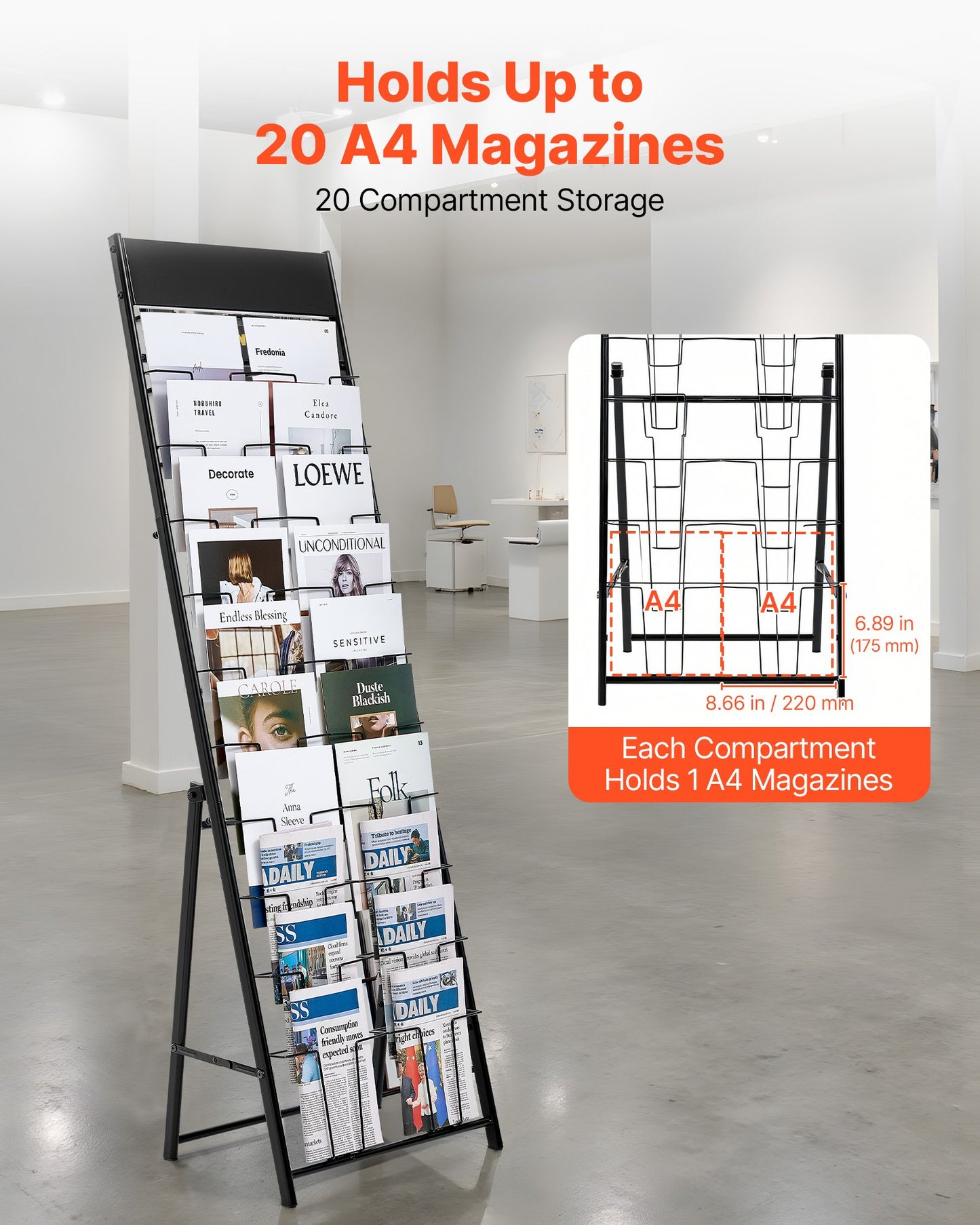 Prospektständer, Zeitschriftenständer mit 20 Fächern, tragbarer, freistehender Zeitschriftenständer, Zeitungs- und Kataloghalter aus Metall für Geschäfte, Ausstellungen, Büros und Messen, Schwarz