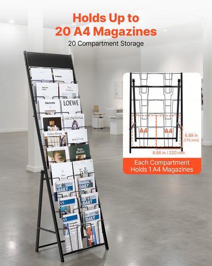 Prospektständer, Zeitschriftenständer mit 20 Fächern, tragbarer, freistehender Zeitschriftenständer, Zeitungs- und Kataloghalter aus Metall für Geschäfte, Ausstellungen, Büros und Messen, Schwarz
