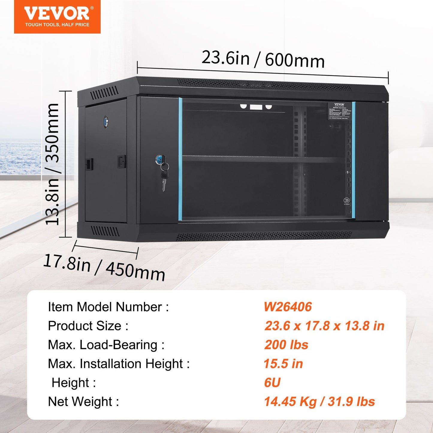 6U Wall Mount Network Server Cabinet, 39.4 cm Deep, Server Rack Cabinet Enclosure, 90.7 kg Max. Ground-mounted Load Capacity, with Locking Glass Door Side Panels, for IT Equipment, A/V Devices