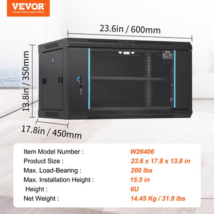 6U Wall Mount Network Server Cabinet, 39.4 cm Deep, Server Rack Cabinet Enclosure, 90.7 kg Max. Ground-mounted Load Capacity, with Locking Glass Door Side Panels, for IT Equipment, A/V Devices