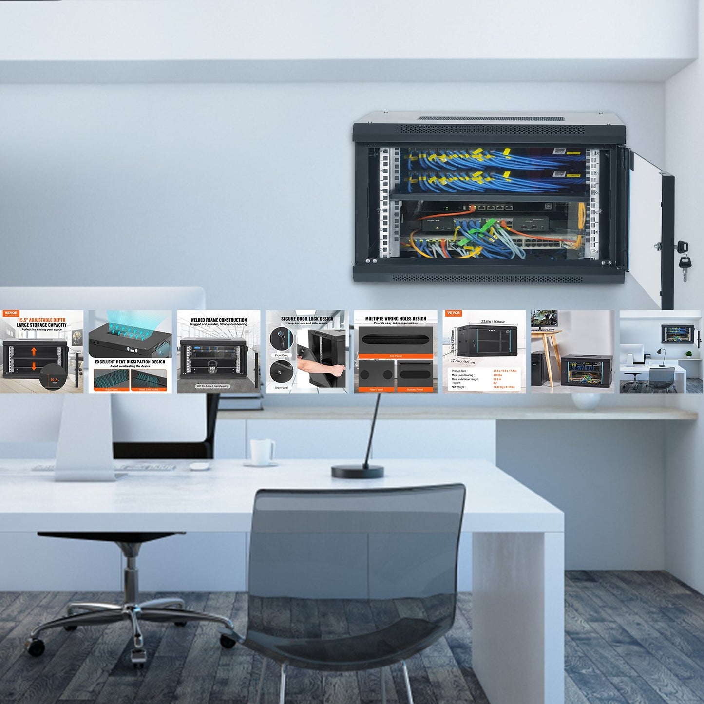 6U Wall Mount Network Server Cabinet, 39.4 cm Deep, Server Rack Cabinet Enclosure, 90.7 kg Max. Ground-mounted Load Capacity, with Locking Glass Door Side Panels, for IT Equipment, A/V Devices