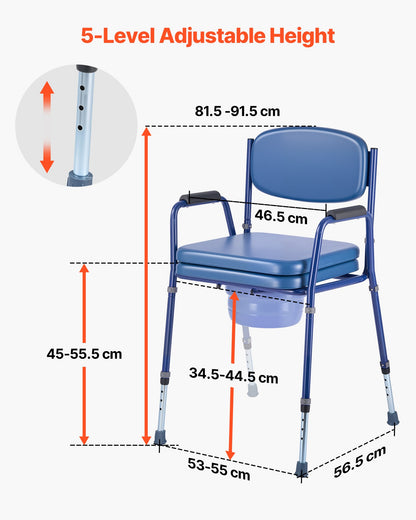 Bedside Commode Chair, 181 kg Weight Capacity, 3-in-1 Portable Toilet and Raised Toilet Seat with Padded Seat and Backrest, Detachable 5L Bucket, Adjustable Height Adult Potty Chair for Seniors