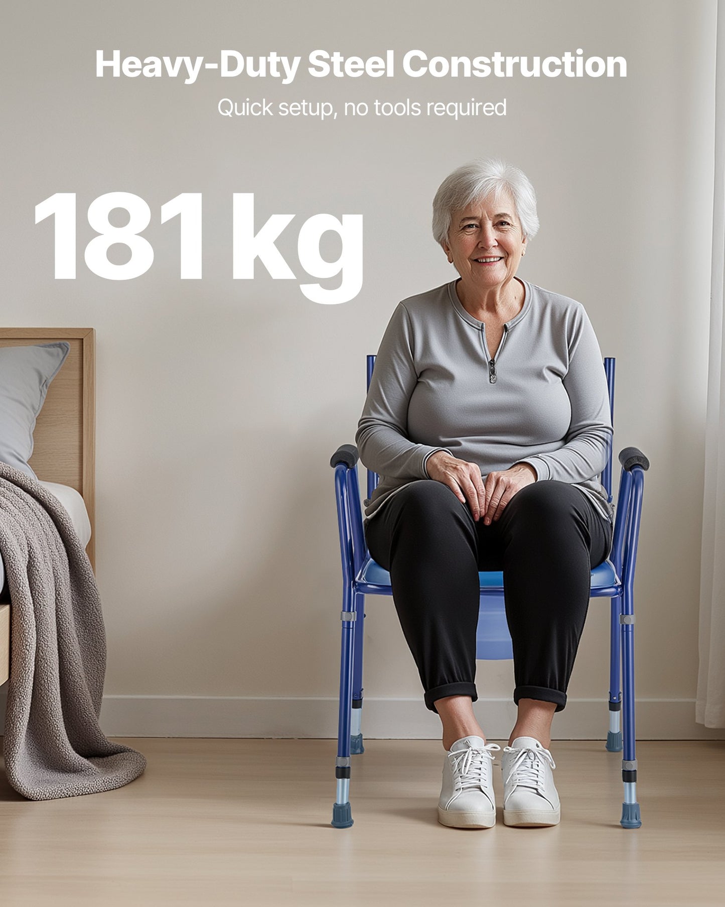 Bedside Commode Chair, 181 kg Weight Capacity, 3-in-1 Portable Toilet and Raised Toilet Seat with Padded Seat and Backrest, Detachable 5L Bucket, Adjustable Height Adult Potty Chair for Seniors