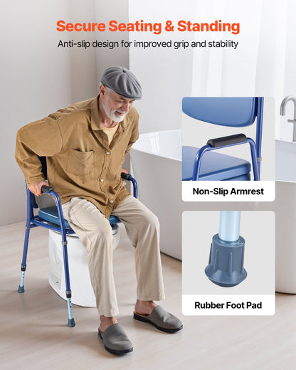 Bedside Commode Chair, 181 kg Weight Capacity, 3-in-1 Portable Toilet and Raised Toilet Seat with Padded Seat and Backrest, Detachable 5L Bucket, Adjustable Height Adult Potty Chair for Seniors