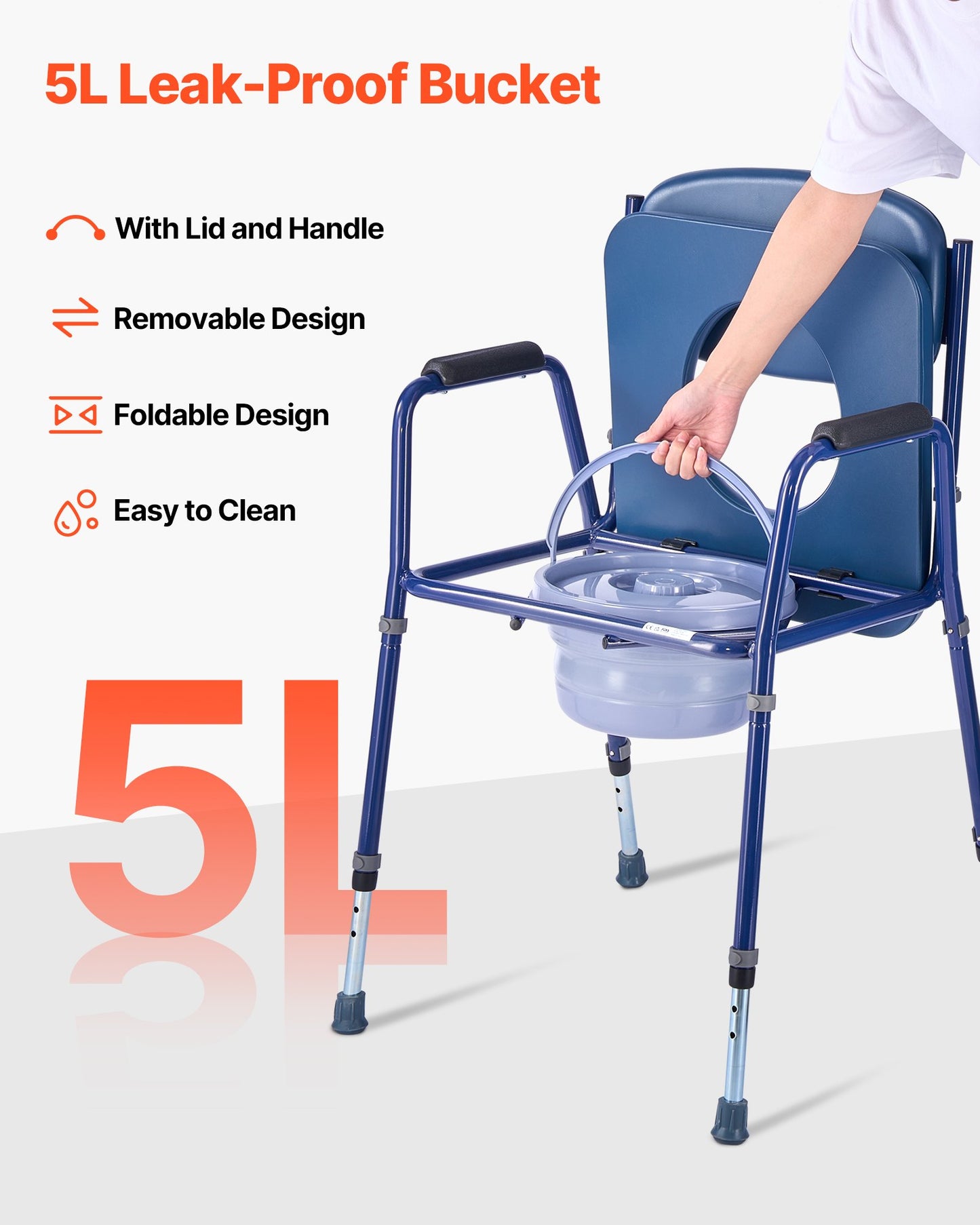 Bedside Commode Chair, 181 kg Weight Capacity, 3-in-1 Portable Toilet and Raised Toilet Seat with Padded Seat and Backrest, Detachable 5L Bucket, Adjustable Height Adult Potty Chair for Seniors
