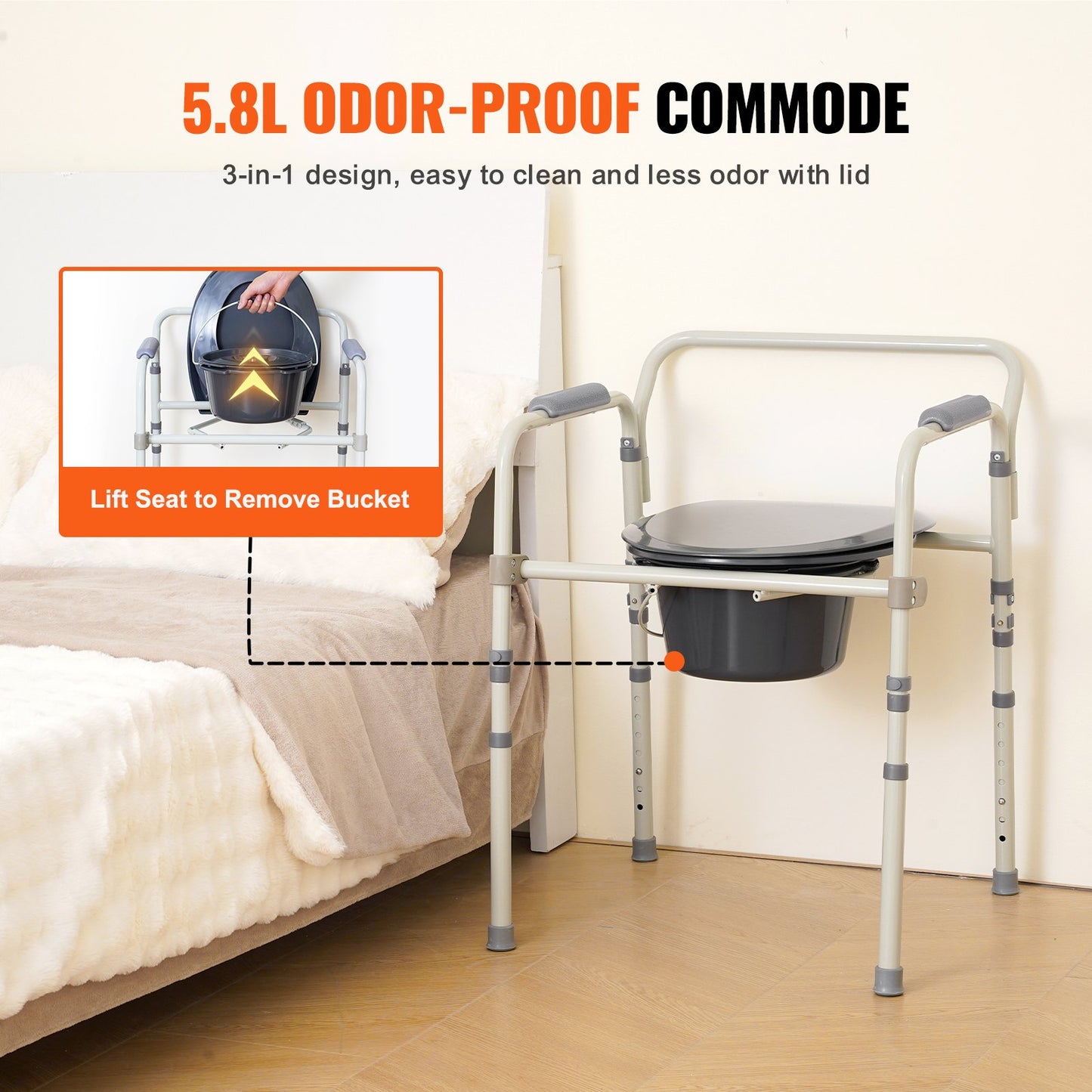 Commode Chair, Bedside Commode with Wider Toilet Seat, 7-Level Adjustable Height, 5.8L Removable Bucket, Easy to Assemble, 350 LBS Capacity, Raised Toilet Seat for Adults Seniors