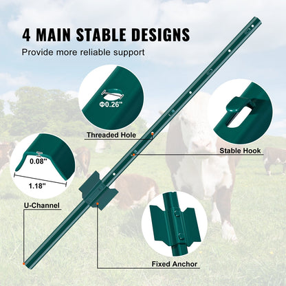 3 Feet Fence Post, 10 Pack U-Channel Heavy Duty Metal Fence Posts, Sturdy Steel Fence Stakes for Garden Yard, Lawn, Farms and Outdoor Wire Fencing, Green