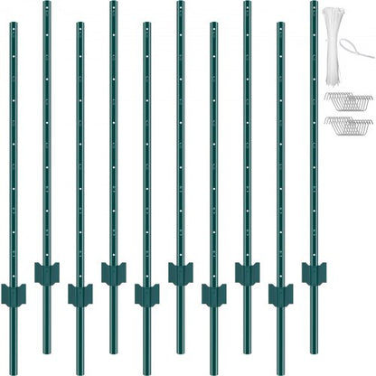 4 Feet Fence Post, 10 Pack U-Channel Heavy Duty Metal Fence Posts, Sturdy Steel Fence Stakes for Garden Yard, Lawn, Farms and Outdoor Wire Fencing, Green