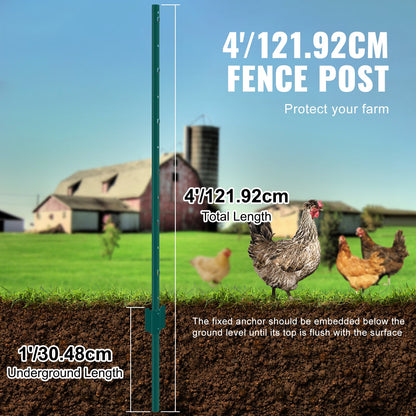 4 Feet Fence Post, 10 Pack U-Channel Heavy Duty Metal Fence Posts, Sturdy Steel Fence Stakes for Garden Yard, Lawn, Farms and Outdoor Wire Fencing, Green