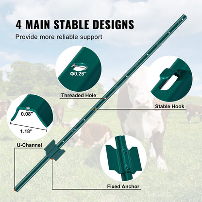 4 Feet Fence Post, 10 Pack U-Channel Heavy Duty Metal Fence Posts, Sturdy Steel Fence Stakes for Garden Yard, Lawn, Farms and Outdoor Wire Fencing, Green