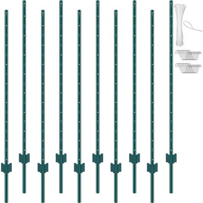 5 Feet Fence Post, 10 Pack U-Channel Heavy Duty Metal Fence Posts, Sturdy Steel Fence Stakes for Garden Yard, Lawn, Farms and Outdoor Wire Fencing, Green