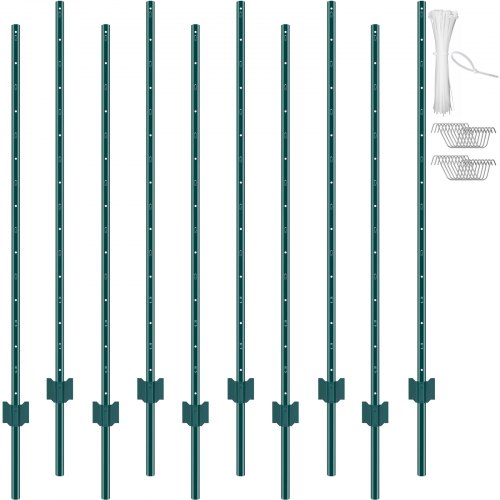 5 Feet Fence Post, 10 Pack U-Channel Heavy Duty Metal Fence Posts, Sturdy Steel Fence Stakes for Garden Yard, Lawn, Farms and Outdoor Wire Fencing, Green