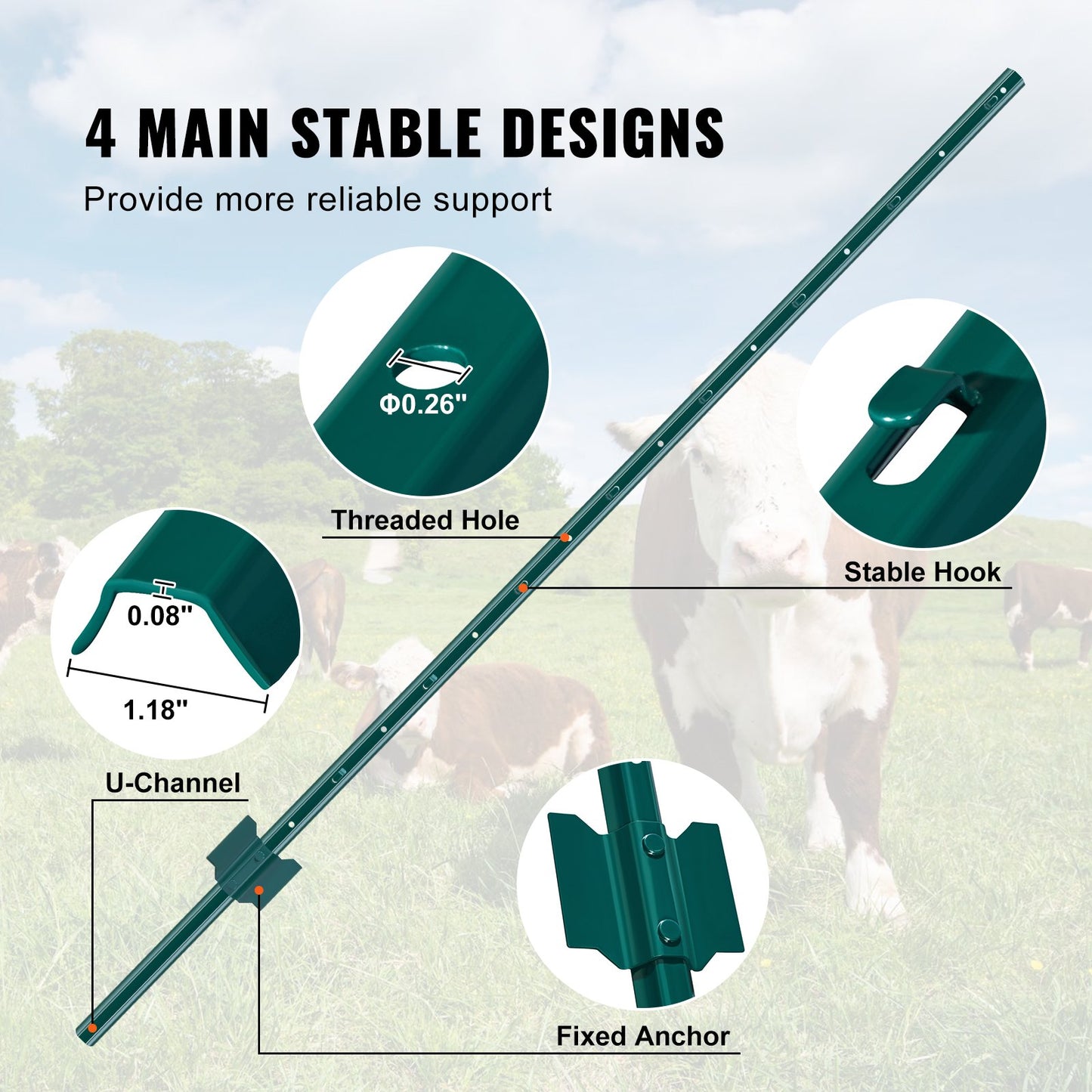 5 Feet Fence Post, 10 Pack U-Channel Heavy Duty Metal Fence Posts, Sturdy Steel Fence Stakes for Garden Yard, Lawn, Farms and Outdoor Wire Fencing, Green