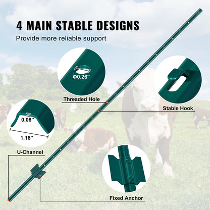 6 Feet Fence Post, 6 Pack U-Channel Heavy Duty Metal Fence Posts, Sturdy Steel Fence Stakes for Garden Yard, Lawn, Farms and Outdoor Wire Fencing, Green