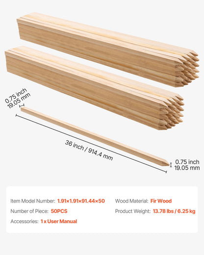 Wooden Garden Stakes, 50 Pcs 19.05×19.05×914.4 mm Survey Grading Stakes, Garden Ground Stake with Sharp Point, Fir Wood Plant Support Stake, Sign Posts for Silt Fence Yard Boundaries Baselines