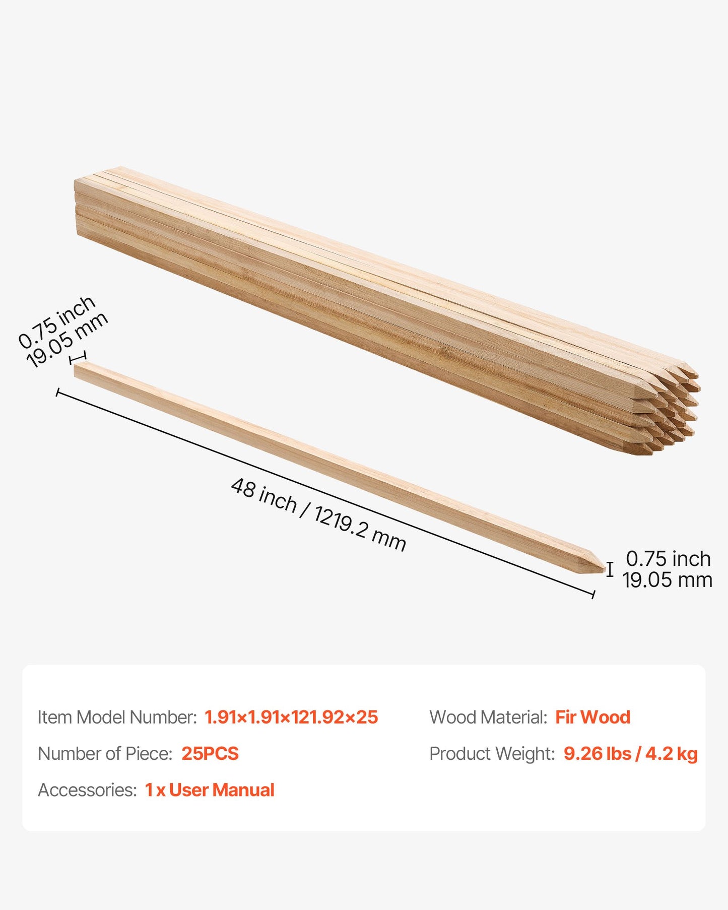Wooden Garden Stakes, 25 Pcs 19.05×19.05×1219.2 mm Survey Grading Stakes, Garden Ground Stake with Sharp Point, Fir Wood Plant Support Stake, Sign Posts for Silt Fence Yard Boundary Baselines