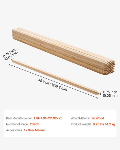 Wooden Garden Stakes, 25 Pcs 19.05×19.05×1219.2 mm Survey Grading Stakes, Garden Ground Stake with Sharp Point, Fir Wood Plant Support Stake, Sign Posts for Silt Fence Yard Boundary Baselines