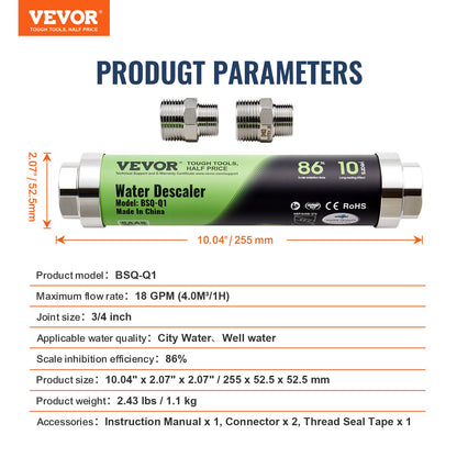 Whole House Salt Free Descaler, Physical Scale Descaler for City Water, 18 GPM Whole House Water Descaler for All Kinds of Plumbing Pipes, SAAS Alloy is Durable for Over 10 Years