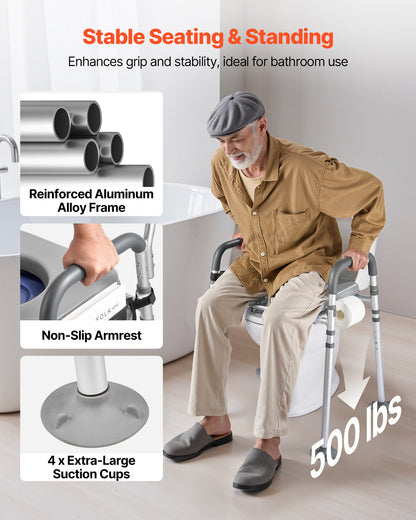Bedside Commode Chair, 227 kg Capacity, 4-in-1 Portable Toilet and Raised Toilet Seat with Padded Seat & Armrest, Detachable 5L Bucket, Adjustable Height & Width Adult Potty Chair for Seniors