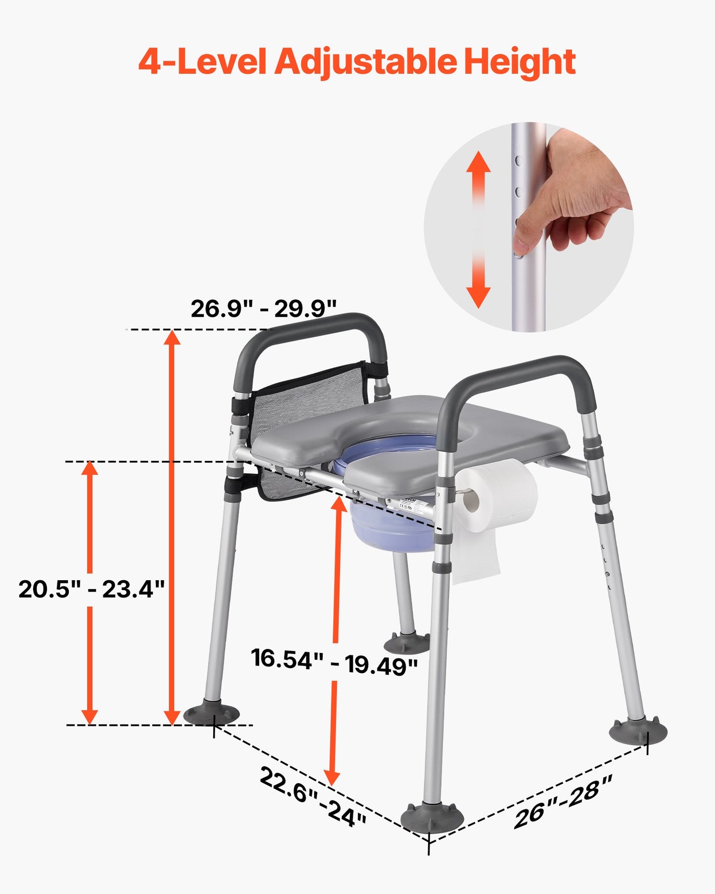 Bedside Commode Chair, 227 kg Capacity, 4-in-1 Portable Toilet and Raised Toilet Seat with Padded Seat & Armrest, Detachable 5L Bucket, Adjustable Height & Width Adult Potty Chair for Seniors