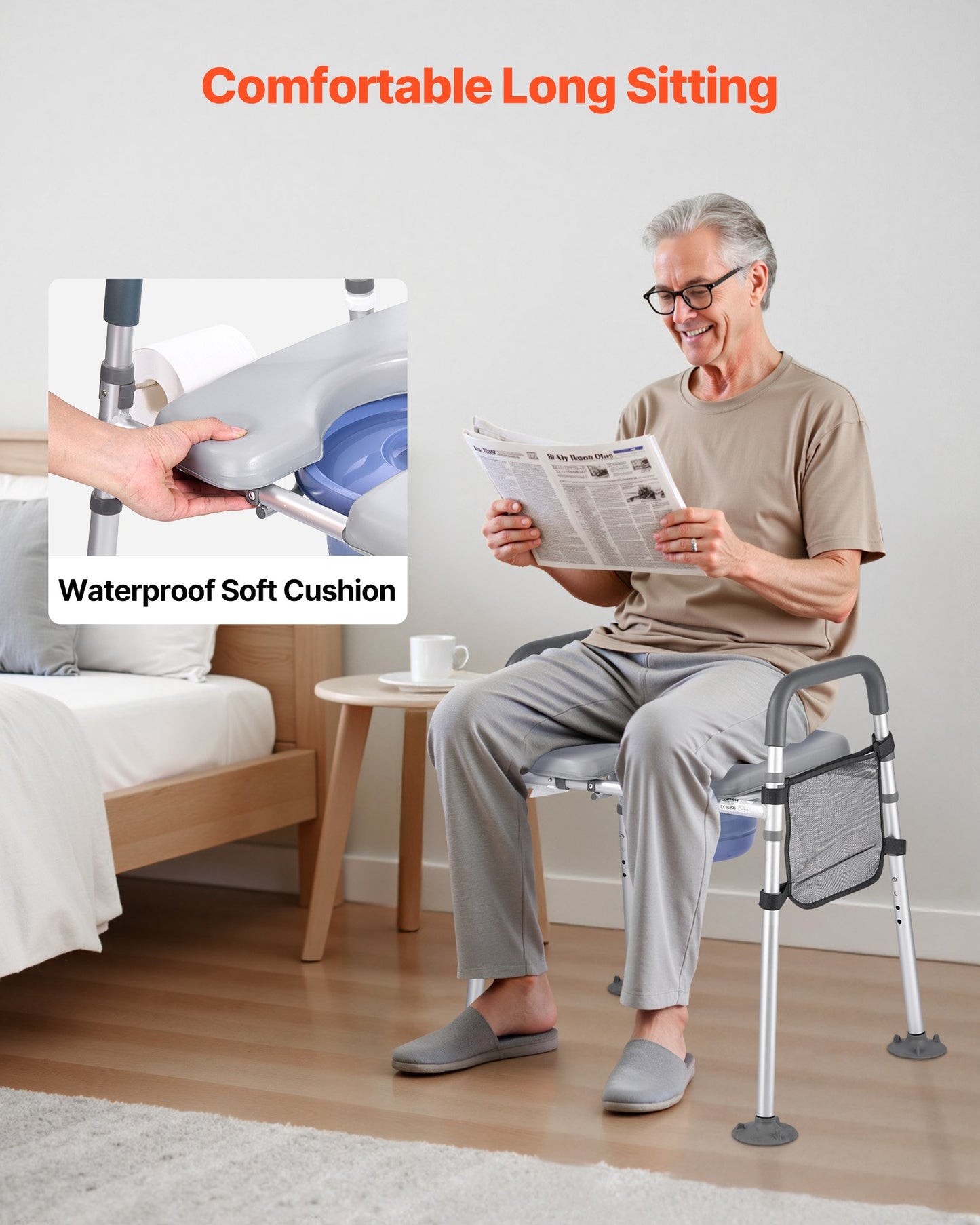 Bedside Commode Chair, 227 kg Capacity, 4-in-1 Portable Toilet and Raised Toilet Seat with Padded Seat & Armrest, Detachable 5L Bucket, Adjustable Height & Width Adult Potty Chair for Seniors