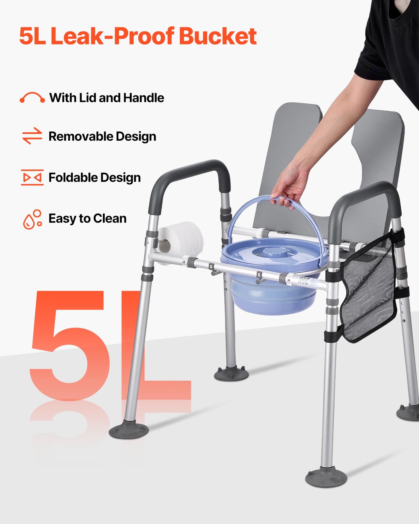 Bedside Commode Chair, 227 kg Capacity, 4-in-1 Portable Toilet and Raised Toilet Seat with Padded Seat & Armrest, Detachable 5L Bucket, Adjustable Height & Width Adult Potty Chair for Seniors