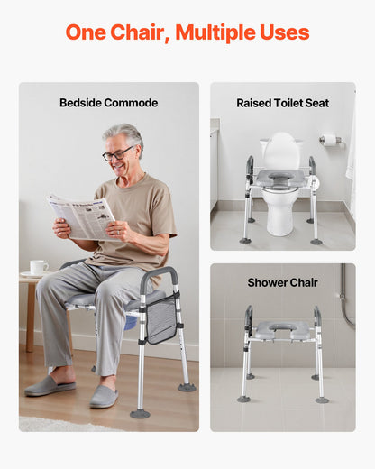 Bedside Commode Chair, 227 kg Capacity, 4-in-1 Portable Toilet and Raised Toilet Seat with Padded Seat & Armrest, Detachable 5L Bucket, Adjustable Height & Width Adult Potty Chair for Seniors