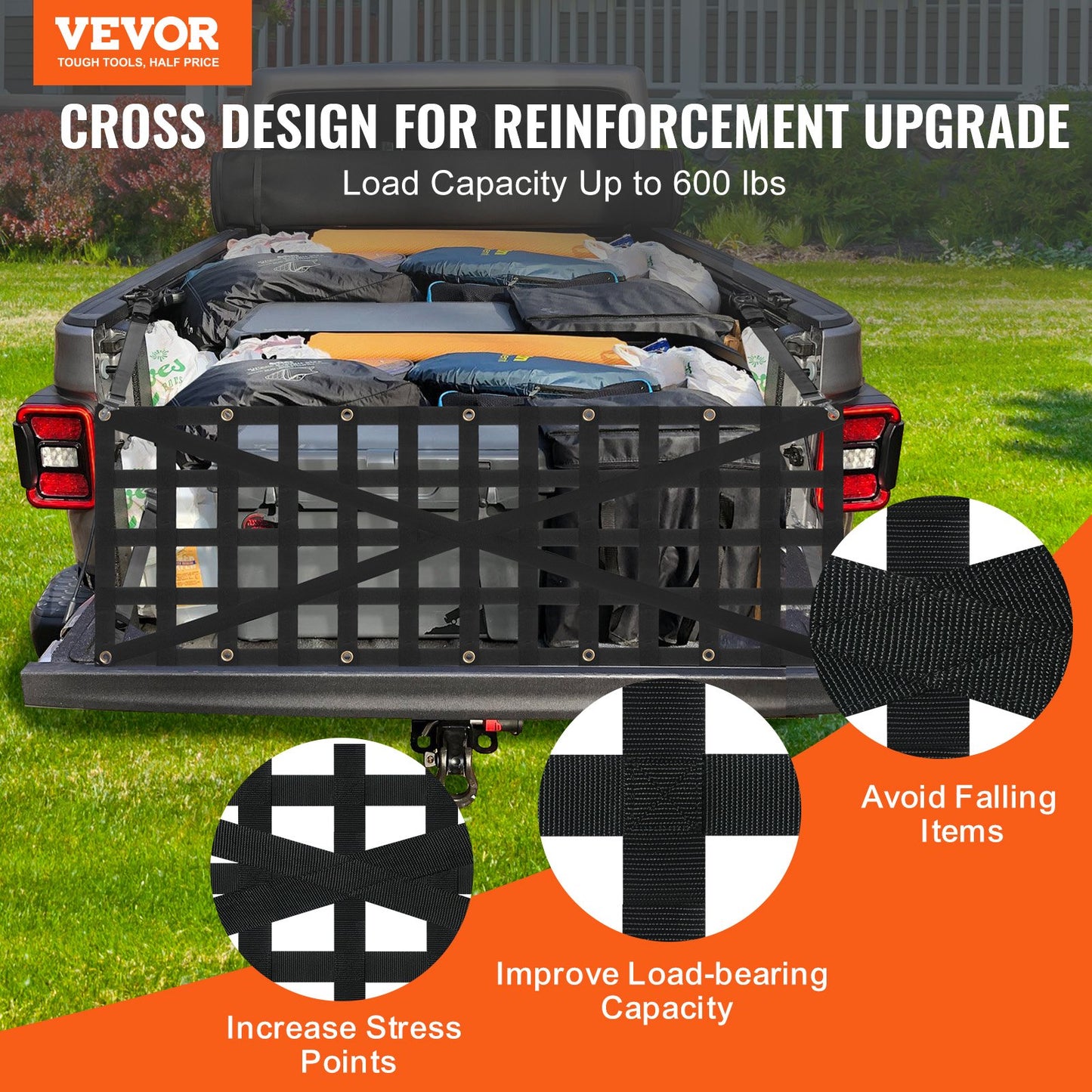 Ladeflächennetz, 137 x 46 cm, robustes Gepäcknetz für Pickups, LKWs, Anhänger, Jeeps und SUVs mit 4 verstellbaren Teleskopgurten, kreuzverstärkt, ausziehbar und langlebig. Geeignet für Pickups, LKWs, Anhänger, Jeeps und SUVs.