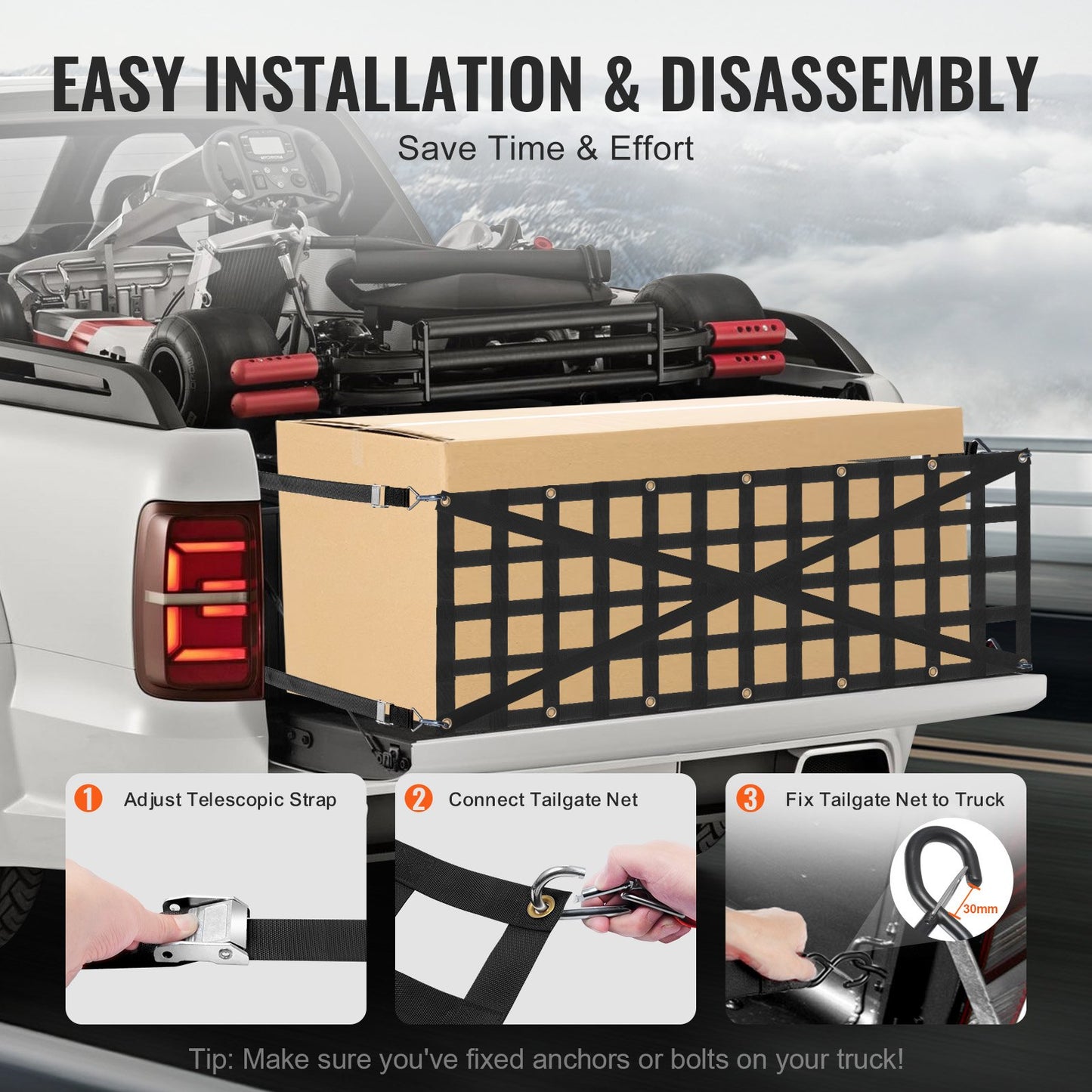 Ladeflächennetz, 137 x 46 cm, robustes Gepäcknetz für Pickups, LKWs, Anhänger, Jeeps und SUVs mit 4 verstellbaren Teleskopgurten, kreuzverstärkt, ausziehbar und langlebig. Geeignet für Pickups, LKWs, Anhänger, Jeeps und SUVs.
