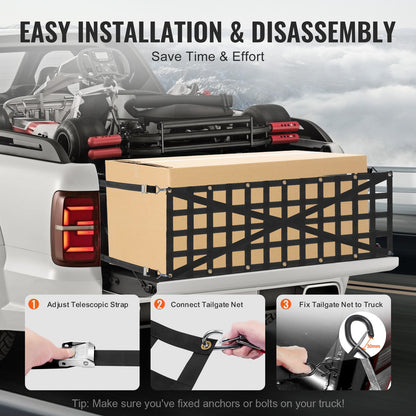 Ladeflächennetz, 137 x 46 cm, robustes Gepäcknetz für Pickups, LKWs, Anhänger, Jeeps und SUVs mit 4 verstellbaren Teleskopgurten, kreuzverstärkt, ausziehbar und langlebig. Geeignet für Pickups, LKWs, Anhänger, Jeeps und SUVs.