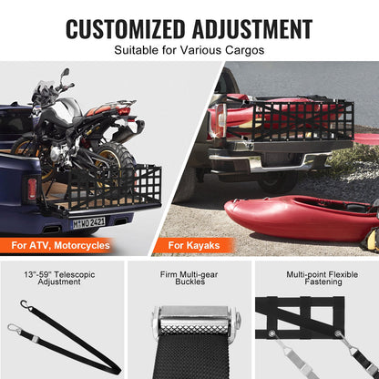 Ladeflächennetz, 137 x 46 cm, robustes Gepäcknetz für Pickups, LKWs, Anhänger, Jeeps und SUVs mit 4 verstellbaren Teleskopgurten, kreuzverstärkt, ausziehbar und langlebig. Geeignet für Pickups, LKWs, Anhänger, Jeeps und SUVs.