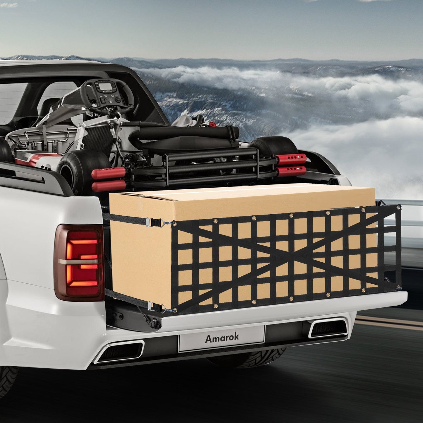 Ladeflächennetz, 137 x 46 cm, robustes Gepäcknetz für Pickups, LKWs, Anhänger, Jeeps und SUVs mit 4 verstellbaren Teleskopgurten, kreuzverstärkt, ausziehbar und langlebig. Geeignet für Pickups, LKWs, Anhänger, Jeeps und SUVs.