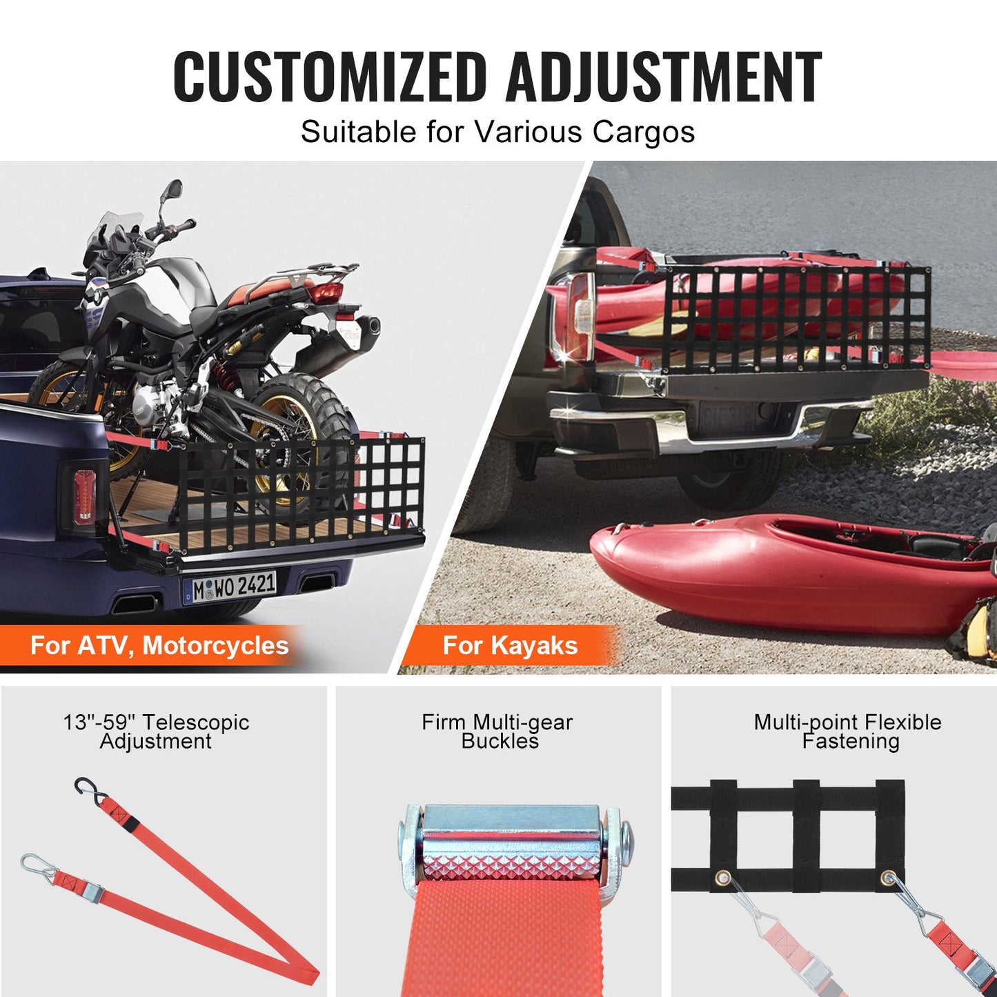 Tailgate Net, 54 in x 18 in, Heavy Duty Cargo Net for Truck Bed with 4 Adjustable Telescopic Straps, Extendable & Durable, Flexible Adjustment, Suitable for Pickup, Trailer, Truck, Jeep, SUV