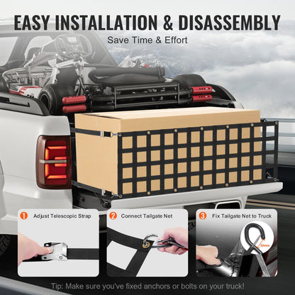 Ladeflächennetz, 152 x 46 cm, robustes Gepäcknetz für Pickups mit 4 verstellbaren Teleskopgurten, ausziehbar und langlebig, flexibel verstellbar, geeignet für Pickups, Anhänger, Lkw, Jeeps und SUVs