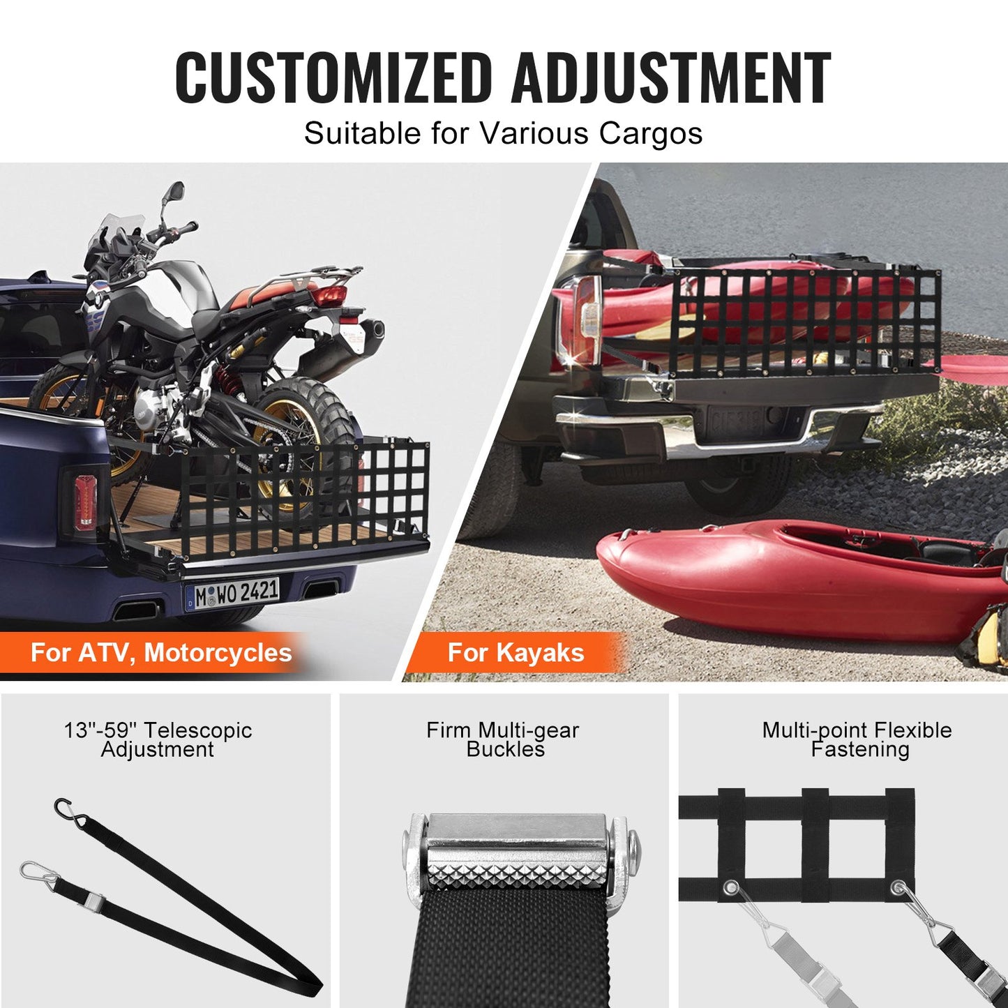 Ladeflächennetz, 152 x 46 cm, robustes Gepäcknetz für Pickups mit 4 verstellbaren Teleskopgurten, ausziehbar und langlebig, flexibel verstellbar, geeignet für Pickups, Anhänger, Lkw, Jeeps und SUVs