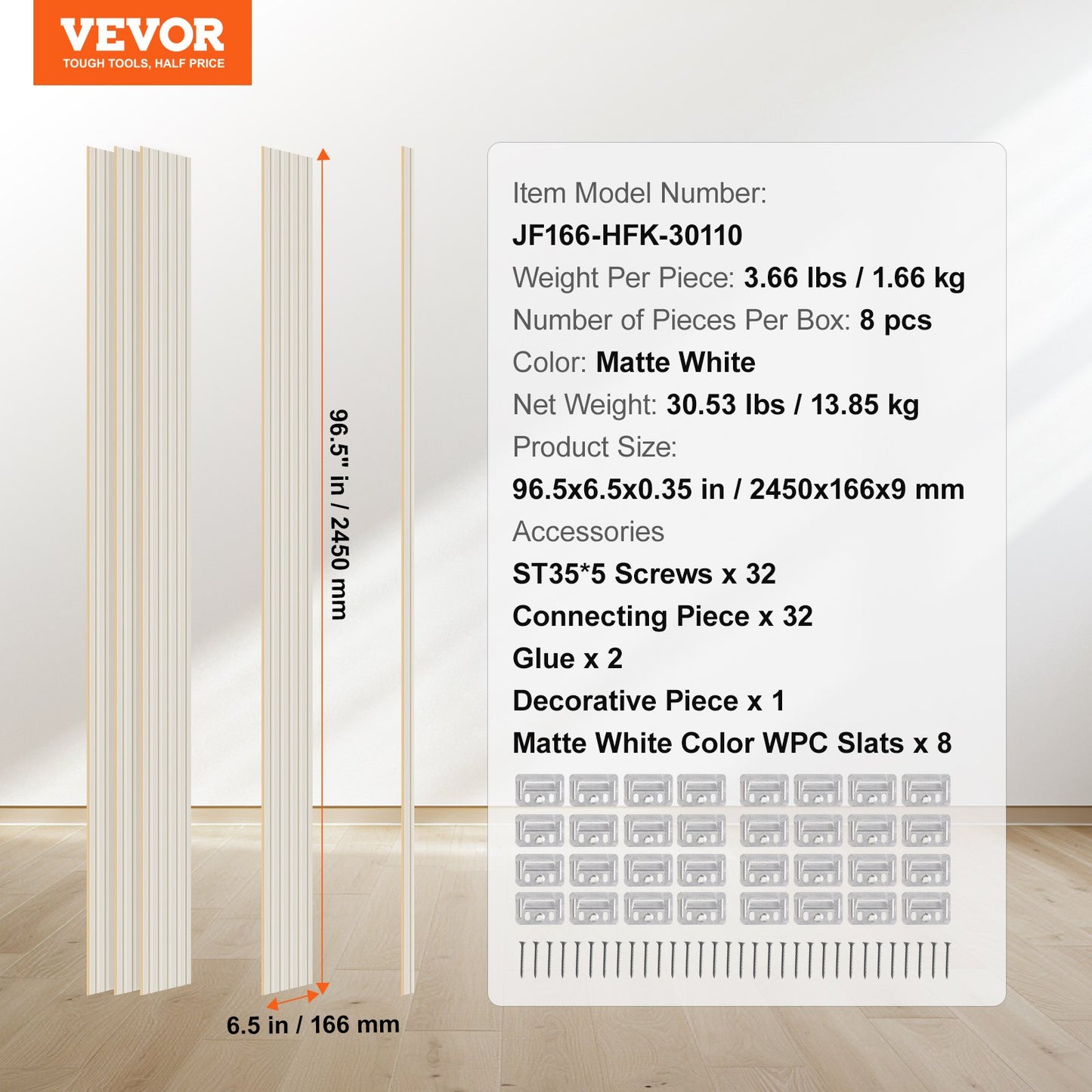 Akustikpaneele aus Holzlamellen, 8 Stück, 96 x 6 Zoll, WPC-Akzent-Wandpaneele in Holzoptik für moderne Innenwände, Wandpaneele in Holzoptik für stilvolle Dekoration und Schalldämmung, Mattweiß