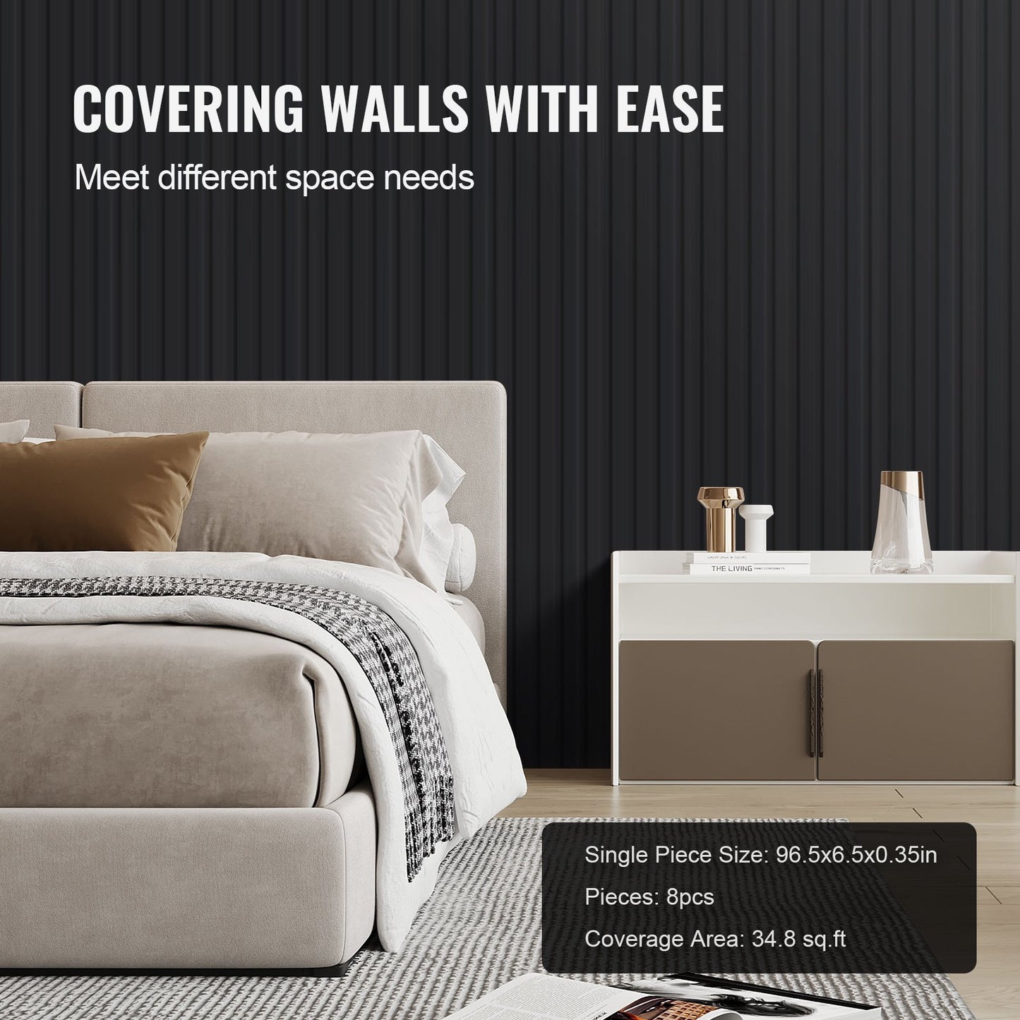 Akustikpaneele aus Holzlamellen, 8 Stück, 96 x 6 Zoll, WPC-Akzent-Wandpaneele in Holzoptik für moderne Innenwände, Wandpaneele in Holzoptik für stilvolle Dekoration und Schalldämmung, Mattschwarz