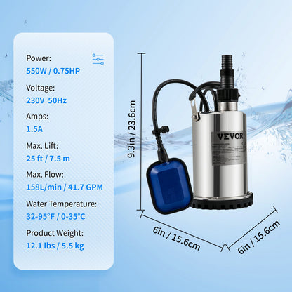 Tauchpumpe, 550 W, 9500 l/h, mit 10 m Kabel und automatischem Schwimmerschalter, tragbar, aus Edelstahl, für saubere, leere und überflutete Bereiche, Schwimmbäder, Whirlpools und Bewässerung.