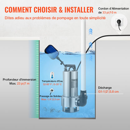 Tauchpumpe, 1300 W, 20000 l/h, mit 10 m Kabel und automatischem Schwimmerschalter, Edelstahl und Gusseisen für verschmutzte oder saubere, leere Gartenteiche, Schwimmbecken und Whirlpools