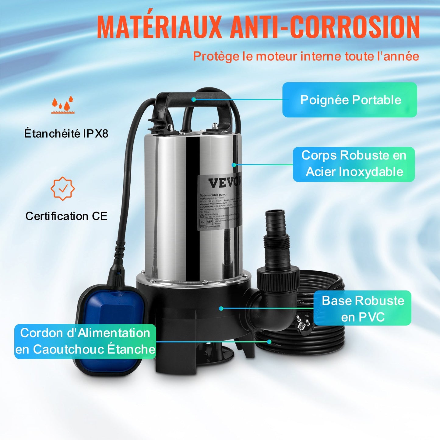 Tauchpumpe, 1100 W, 20000 l/h, mit 10 m Kabel und automatischem Schwimmerschalter, tragbar, aus Edelstahl, für sauberes und verschmutztes Wasser, zum Abpumpen von Überschwemmungen, zum Entleeren von Gartenteichen, Schwimmbecken und Whirlpools