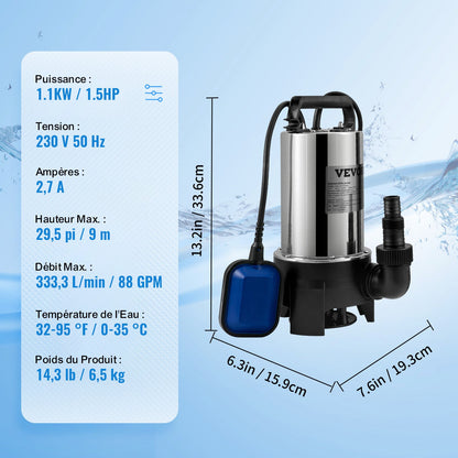 Tauchpumpe, 1100 W, 20000 l/h, mit 10 m Kabel und automatischem Schwimmerschalter, tragbar, aus Edelstahl, für sauberes und verschmutztes Wasser, zum Abpumpen von Überschwemmungen, zum Entleeren von Gartenteichen, Schwimmbecken und Whirlpools