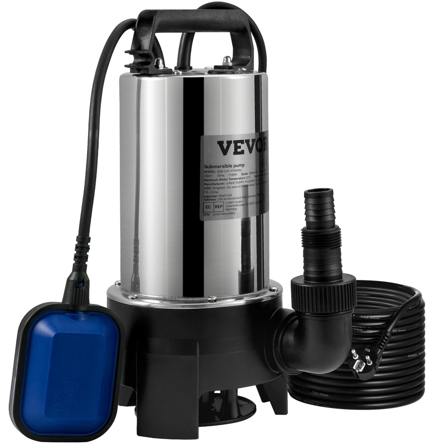 Tauchpumpe, 1100 W, 20000 l/h, mit 10 m Kabel und automatischem Schwimmerschalter, tragbar, aus Edelstahl, für sauberes und verschmutztes Wasser, zum Abpumpen von Überschwemmungen, zum Entleeren von Gartenteichen, Schwimmbecken und Whirlpools