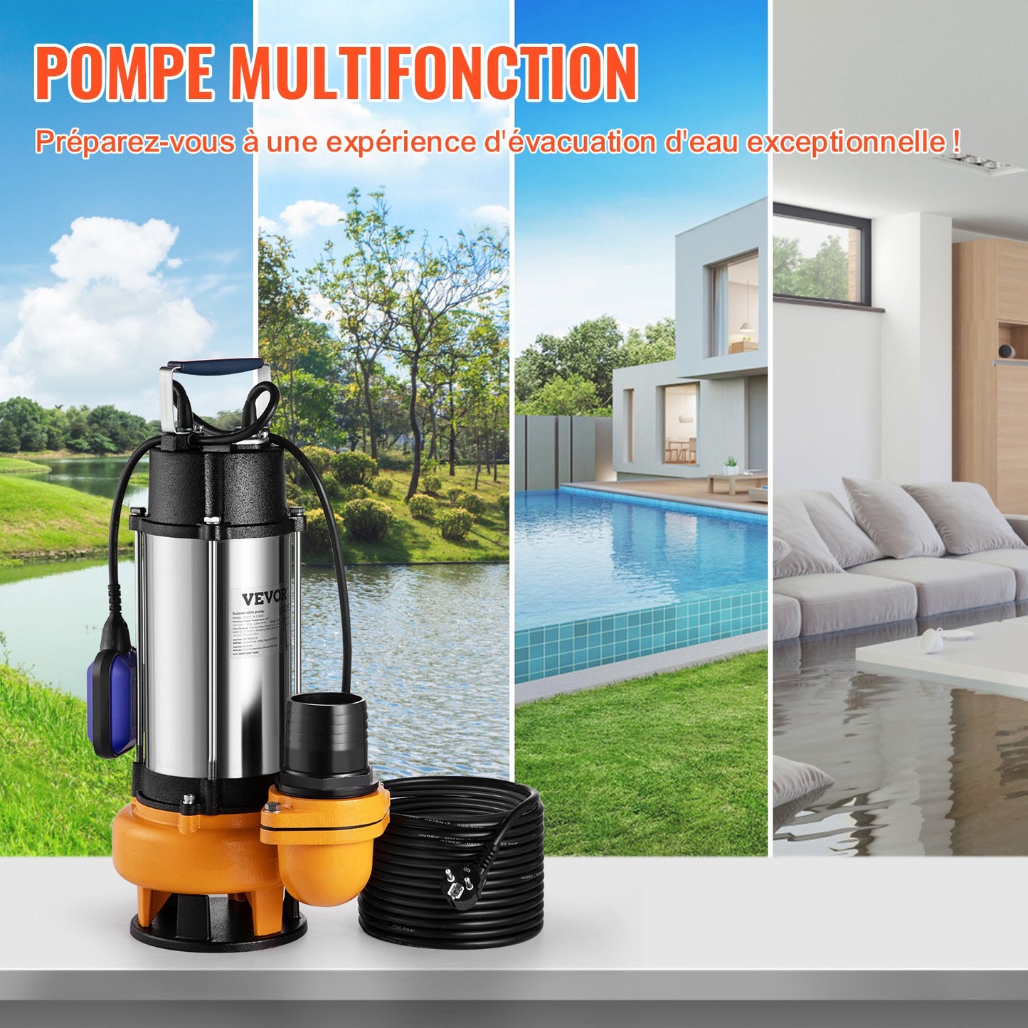 Tauchpumpe, 2200 W, 60000 l/h, mit 10 m Kabel und automatischem Schwimmerschalter, tragbar, aus Edelstahl, für sauberes und verschmutztes Wasser, zum Abpumpen von Überschwemmungen, zum Entleeren von Gartenteichen, Schwimmbecken und Whirlpools