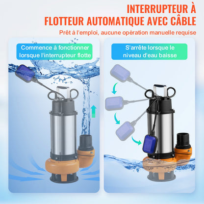 Tauchpumpe, 2200 W, 60000 l/h, mit 10 m Kabel und automatischem Schwimmerschalter, tragbar, aus Edelstahl, für sauberes und verschmutztes Wasser, zum Abpumpen von Überschwemmungen, zum Entleeren von Gartenteichen, Schwimmbecken und Whirlpools