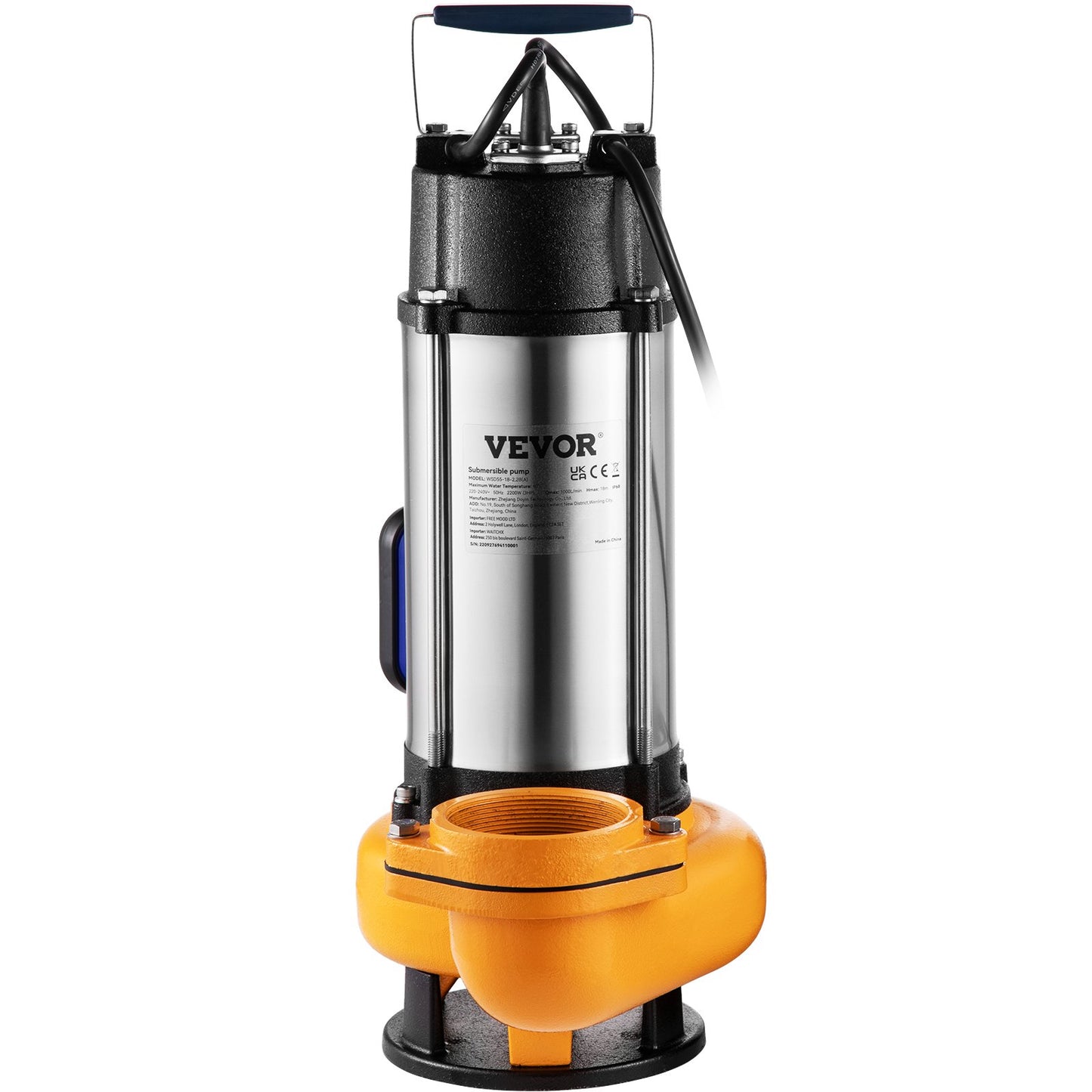 Tauchpumpe, 2200 W, 60000 l/h, mit 10 m Kabel und automatischem Schwimmerschalter, tragbar, aus Edelstahl, für sauberes und verschmutztes Wasser, zum Abpumpen von Überschwemmungen, zum Entleeren von Gartenteichen, Schwimmbecken und Whirlpools