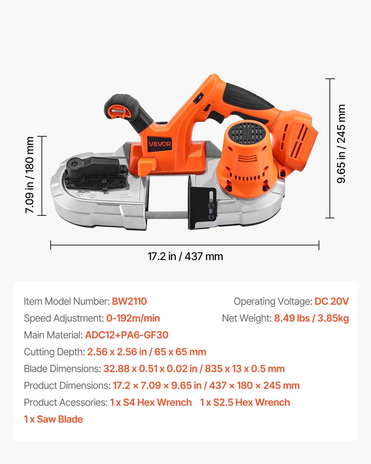 Portable Band Saw, 65 x 65 mm Cutting Depth, 360W Bandsaw with Brushless Motor, Cordless and Compact Portaband, Integrated Hang Hooks, 0-192 m/min Variable Speed for Cutting Metal, Wood (Bare Tool)