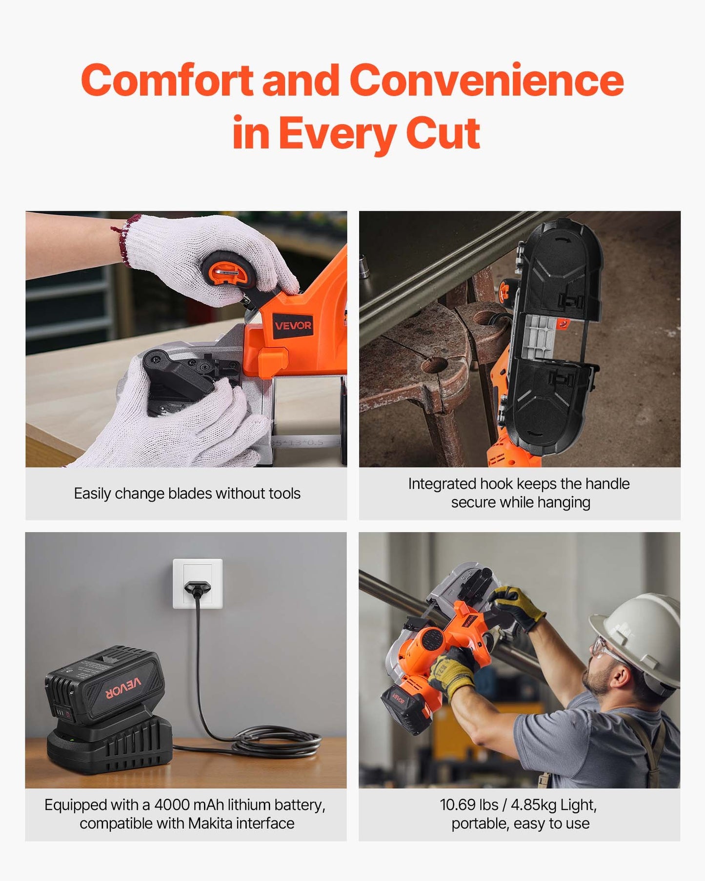 20V Portable Band Saw Kit, 65 x 65 mm Cutting Depth, AC 220V, 360W Bandsaw with Brushless Motor, 4.0 Ah Battery, Cordless and Compact Portaband, 0-192 m/min Variable Speed, for Cutting Metal, Wood