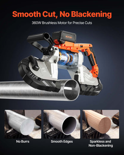 20V Portable Band Saw Kit, 127 mm x 115 mm Cutting Depth, AC 220V, 360W Bandsaw with Brushless Motor, 4.0 Ah Battery, Cordless and Compact Portaband, 0-120 m/min Variable Speed, for Cutting Metal, Wood